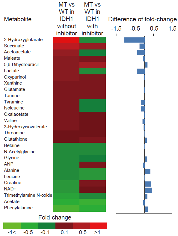 IDH1 돌연변이군에 대해 AGI-5198 처리여부가 대사체의 양적변화에 미치는 변화를 나타낸 Heat map. (IDH1의 정상군에 의해 보정된 값)