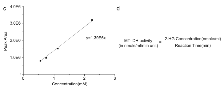 (c) IDH 돌연변이 activity의 absolute quantification. (d) MT IDH의 activity 측정