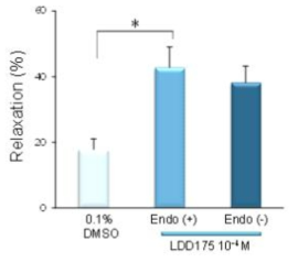 평활근이완효과의 내피세포 의존성 확인 Endo(+): with endothelium,Endo(-): without endothelium. p*< 0.05 vs. control (0.1% DMSO), (n=8)