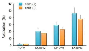 ML204가 음경해면체 평활근의 긴장도에 미치는 영향. Endo(+): with endothelium, Endo(-): without endothelium (n=8)