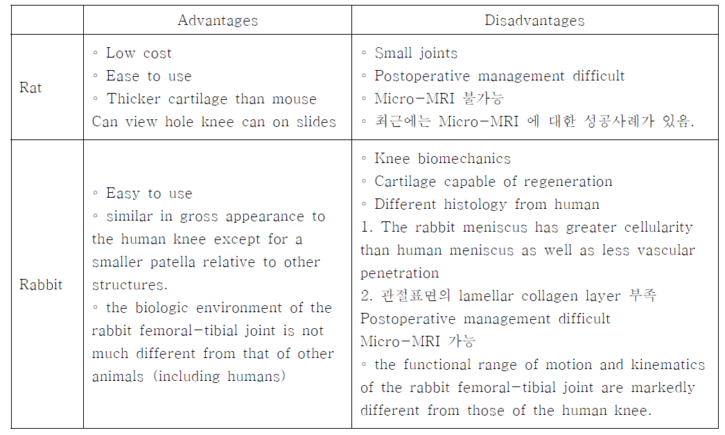 관절 연구에 사용되는 rat 과 rabbit 의 장단점