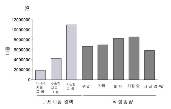 우리나라의 다제내성결핵 연간 치료 비용 (2004년 기준) 치료에도 불구하고 사망한 다제 내성결핵 환자의 연간 치료비용은 천 만원 이상으로 폐암, 위암 등의 악성 종양 환자들보다 더 많은 치료비용이 소모된다.