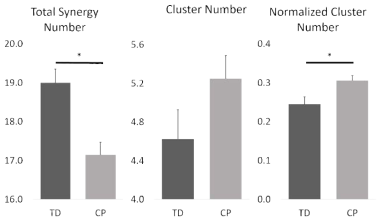정상 발달 아동(TD)의 경우 보행에 사용하는 근육 시너지 수는 많았으나 유사한 시너지들이 반복적으로 발생하여 클러스터에 할당된 수는 뇌성마비 아동(CP)과 비교하여 많지 않았음. 클러스터 수를 근육 시너지 수로 정규화 할 경우 뇌성마비 아동은 정상발달 아동보다 다양한 근육 시너지를 사용하는 것으로 나타남