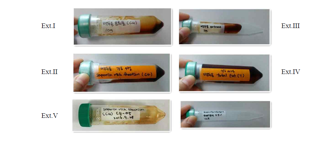 Photographs of extract and fraction samples