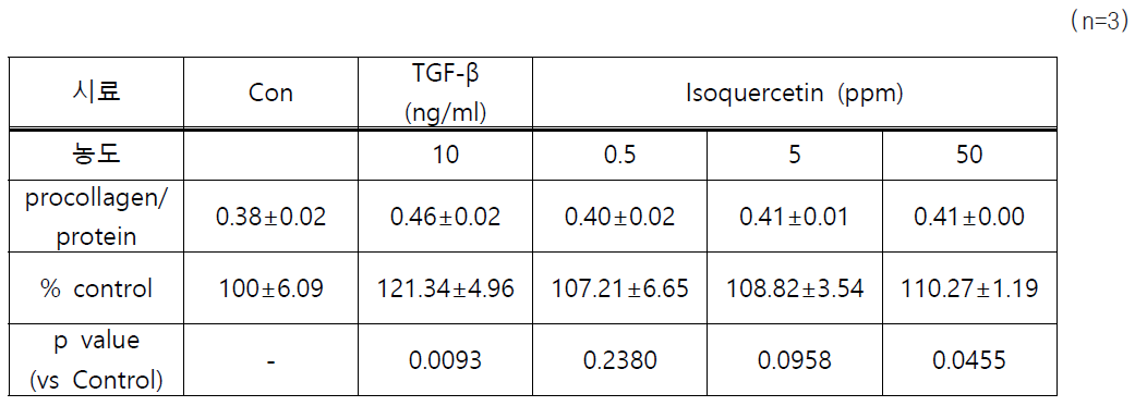 Isoquercetin의 procollagen 합성능 및 p Value