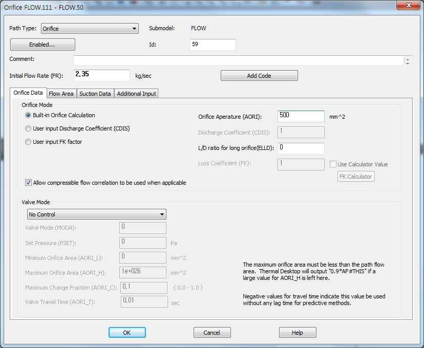 Input Parameter for Valve Modeling – Orifice Data