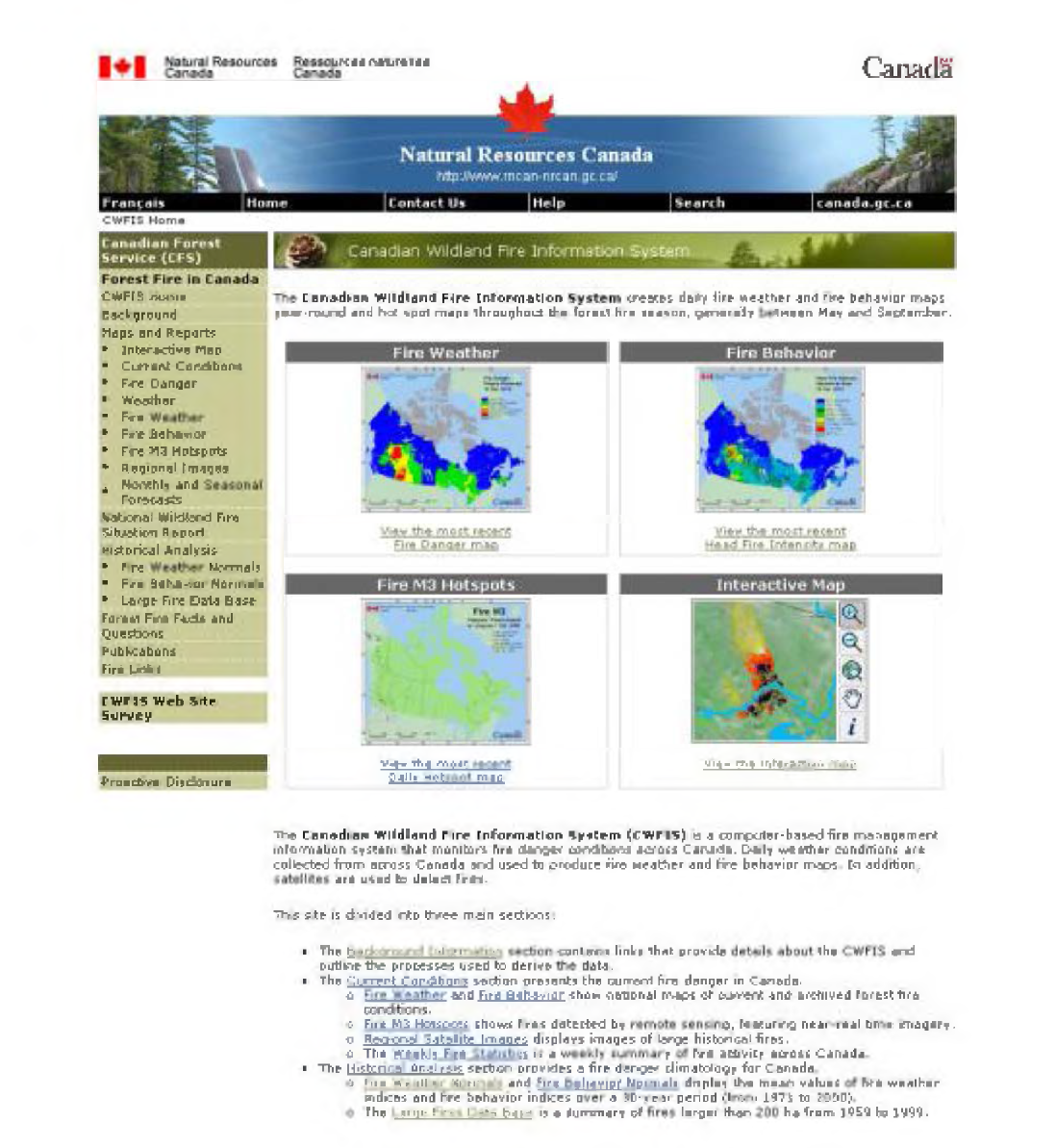 캐나다 산림청 (CFS)에서 운영하는 국가산불정보시스템(CWFIS) 홈페이지