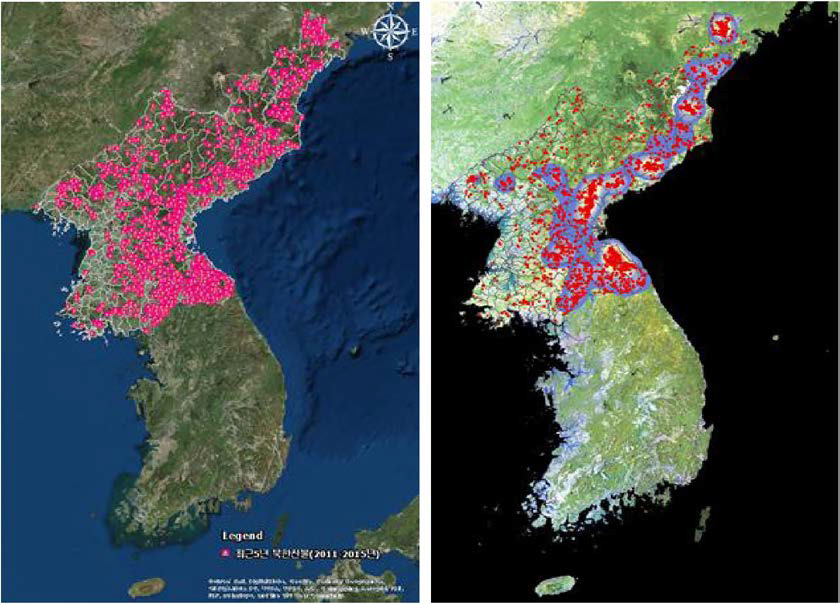 최근 5년간 위성정보로부터 추출한 접근불능지역 산불발생위치 정보 (재분석 전)