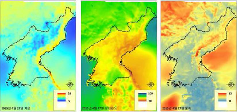 기상청 초단기 실황 재분석 자료를 이미지 한 2015년 4월 27일에 대한 기온(좌), 상대습도(중), 풍속(우) 정보