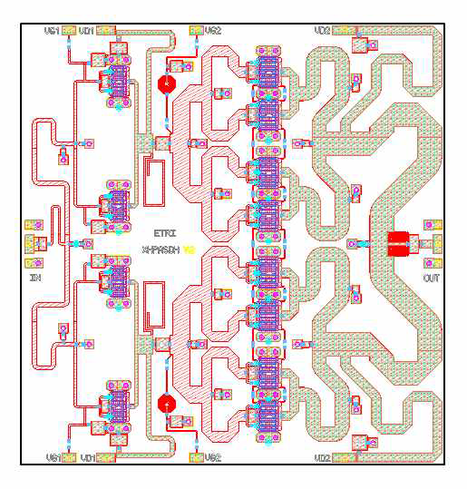 설계된 X-대역 30 W 고출력 증폭기 MMIC 레이아웃