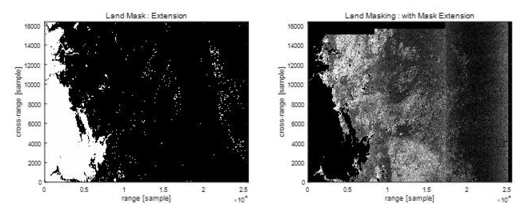 Landmask dataset(좌), Landmask 적용결과(우)