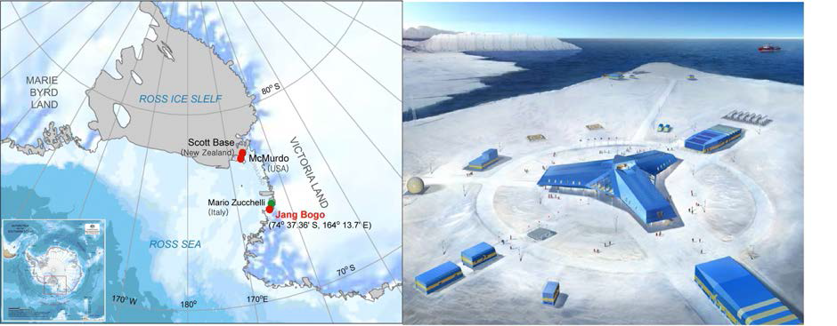 남극 제2기지 (Jang Bogo)의 위치와 기지 실시설계 조감도