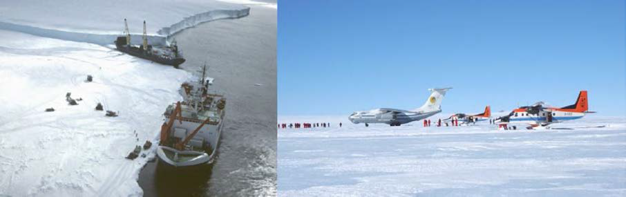 빙붕 위에 하역 중인 Polarstern(앞)과 Naja Arctica(뒤)