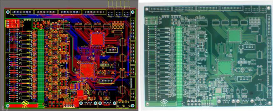 Gerber circuit of DSP board (left) and manufactured PCB (right)