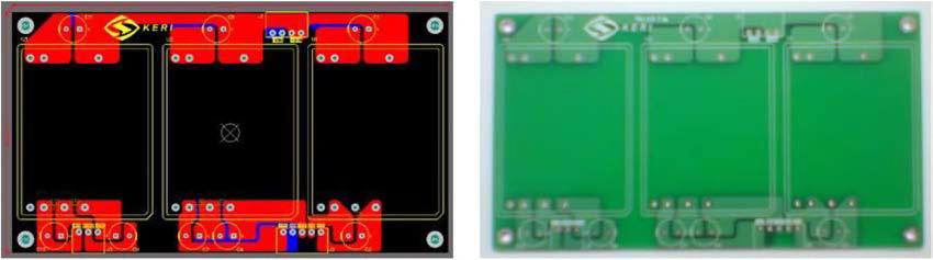 Gerber circuit of SMPS board (left) and manufacture PCB (right)