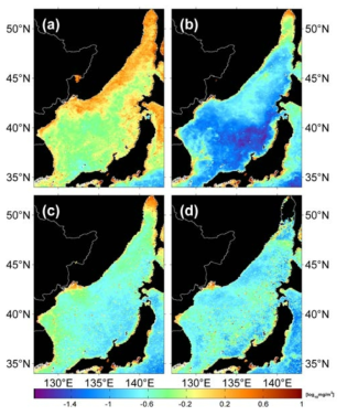 1998년부터 2007년까지 (a) 봄 (4월), (b) 여름 (7월), (c) 가을 (10월), (d) 겨울 (1월)에 나타나는 SeaWiFS 클로로필-a 농도의 제곱평균제곱근(RMS) 분포