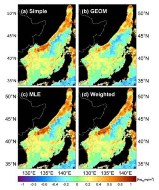 (a) 단순 산술 평균(simple average method), (b) 최대 우도 추정(Maximum Likelihood Estimation, MLE), (c) 기하 평균(Geometric Mean, GEOM), (d) 가중 평균(the weighted average method)의 합성장 계산 방법을 활용한 2003년 4월의 클로로필-a 농도 분포