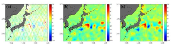 (a) 고도계 해수면높이 편차, (b) AVISO 배포 고도계 해수면높이편차 합성장, (c) 산출 고도계 해수면높이편차 합성장 (SNU/SEOUL)