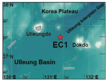 Ulleung Interplain Gap과 울릉분지 지형과 EC1 정점도