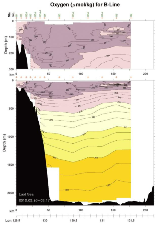 2012년 3월 B line 용존산소 분포