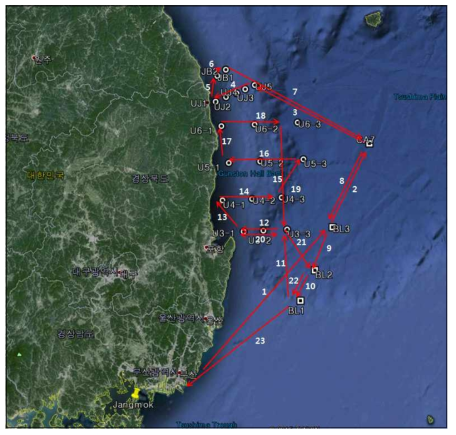 2015년 8월 동해울릉분지 해역 관측 정점도