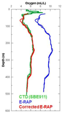 보정 전, 후의 용존산소 수직분포 예