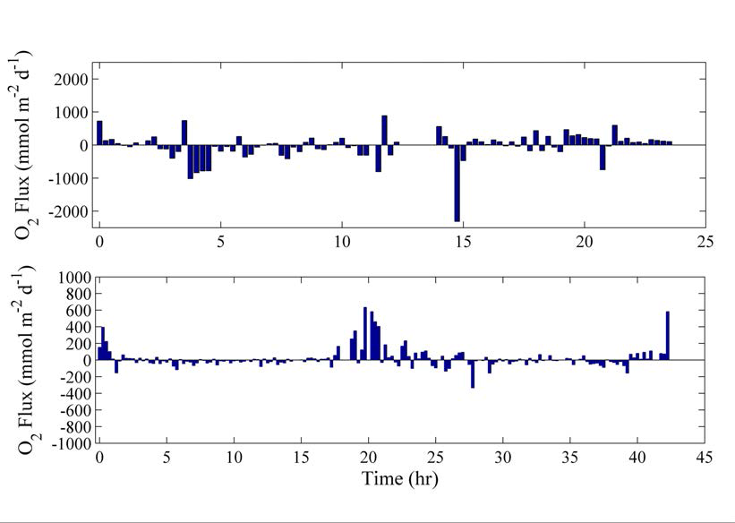 15분별 평균 순 산소플럭스 측정결과: (상) 불가리아, (하) 동해 후포