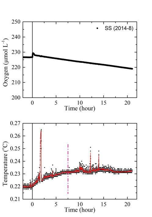 2014년 8월 동해 SS지점에서 벤틱챔버로 측정한 퇴적물의 총 산소 소모율(상) 및 열 플럭스(하)