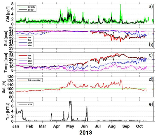 2013년 ESROB 부이의 WQM 센서로부터 획득된 시계열 자료.