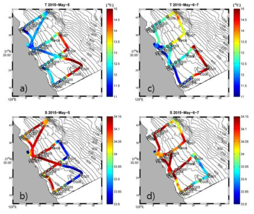 조사 선박의 수심 1m 층에 장착된 Thermalsalinograph 관측 장비로 측정된 표층 a)수온과 b)염분 (관측 첫 날인 5월 5일). 그리고 2일(5월 6일과 7일) 사이에 걸쳐 합성된 c)수온과 d)염분의 분포.