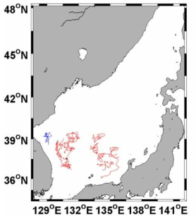 1년 이상의 수명을 지녔던 소용돌이의 전파 경로 (붉은색 : 난류성, 푸른색 : 한류성)