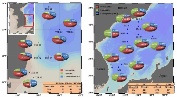 (좌)-2012년 3월 동해연안과 울릉분지 주변에서 식물플랑크톤 체내조성성분, (우)-2012년 10월 한-러 공동조사 기간동안 동해에서의 식물플랑크톤 체내조성성분