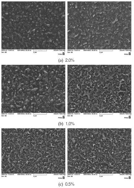 SEM micrographs of the the surface modified membranes acorrding to the AEAP concentration (left : before the performance test, right : after the performance test)