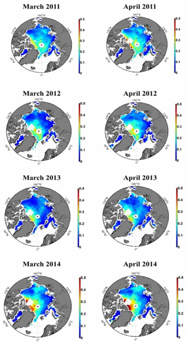 2011 – 2014년 3,4월 북극해빙 freeboard 두께