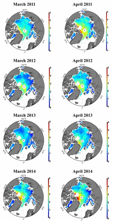 2011 – 2014년 3,4월 북극해빙 두께