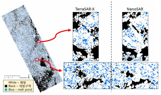 Random forest 분류모델을 통한 melt pond 탐지 결과와 NanoSAR 영상의 객체분할을 통한 melt pond 탐지 결과의 비교