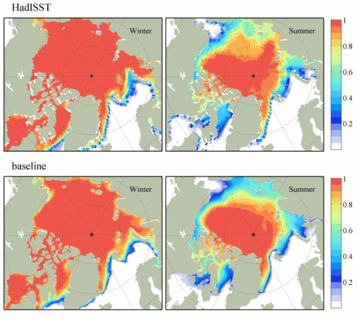 위성 관측(HadISST, 위) 및 기준 실험(Baseline, 아래)에서 재현된 겨울철(2～3월), 여름철(10～11월) 평균 해빙 농도 공간 분포
