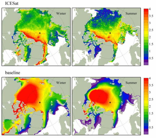 위성 관측(ICESat, 위) 및 기준 실험(Baseline, 아래)에서 재현된 겨울철(2～3월), 여름름철(10～11월) 평균 해빙 농도 공간 분포