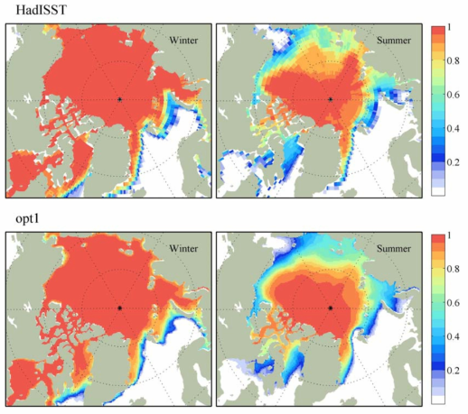 위성 관측(HadISST, 위) 및 최적화 모델(아래)에서 재현된 겨울철(2～3월), 여름철(10～11월) 평균 해빙 농도 공간 분포