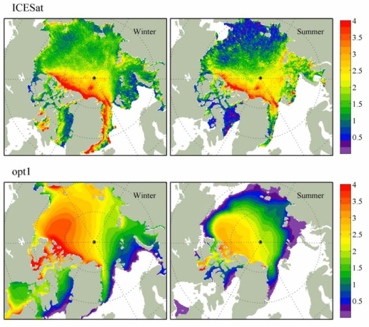위성 관측(ICESat, 위) 및 최적화 모델(아래)에서 재현된 겨울철(2～3월), 여름철(10～11월) 평균 해빙 두께 공간 분포