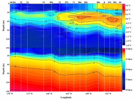 척치해를 따라 동서방향으로의 수온(상) 및 염분(하)의 수직 분포
