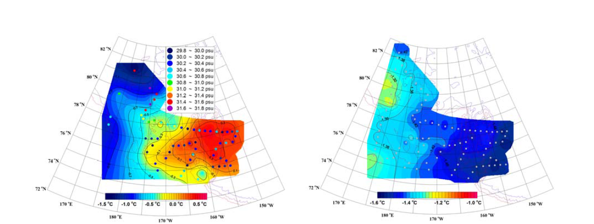 수심 20~100 m 층에서 관측된 최고수온과 염분의 공간적 분포(좌), 염분 33.1 psu인 층에서의 수평적 수온 분포(우)