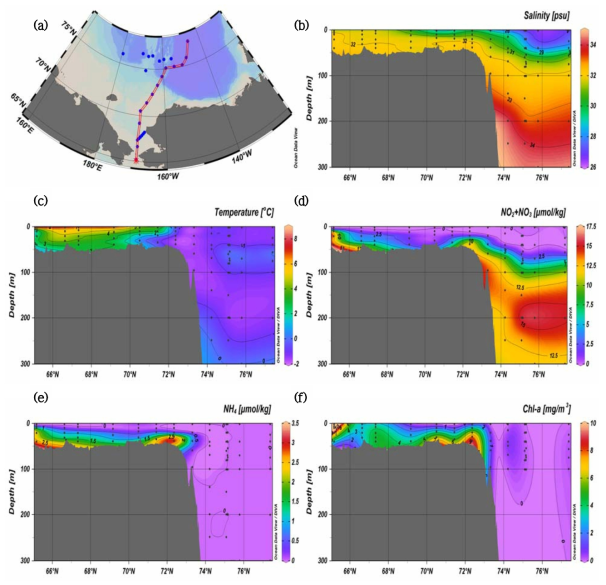 2014년 ARA05B 항해 중 관측한 설정구획에 대한 영양염 분포 특성. 설정구획은 (a)에 붉은 라인으로 표시하였음. 설정구획에 대한 (b)염분, (c)수온, (d)질산염, (e)암모늄, (f)염록소 연직 분포.