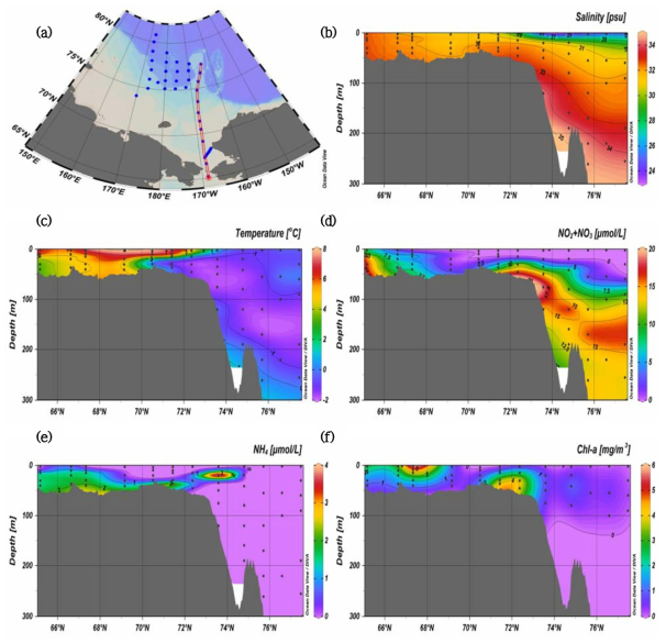 2015년 ARA06B 항해 중 관측한 설정구획에 대한 영양염 분포 특성. 설정구획은 (a)에 붉은 라인으로 표시하였음. 설정구획에 대한 (b)염분, (c)수온, (d)질산염, (e)암모늄, (f)염록소 연직 분포.