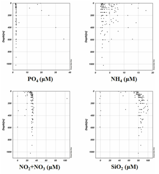 2015년 ANA06B 항해 중 관측된 영양염류 연직 분포.