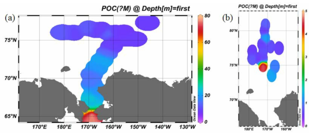 2014년 북극 척치해 표층 입자성 유기 탄소 분포 (a)와 2015년 표층 척치해 입자성 유기탄소 분포도 (b).
