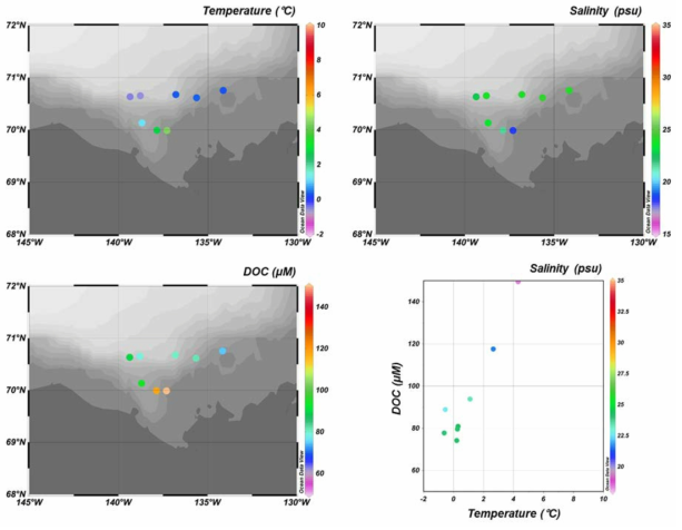 Spatial distribution of temperature, salinity, and dissolved organic carbon concentration in surface water of the Beaufort Sea (ARA04C)