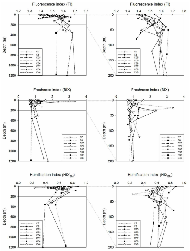 Depth profiles of FI, BIX, and HIXEM in the Beaufort Sea (ARA05C)