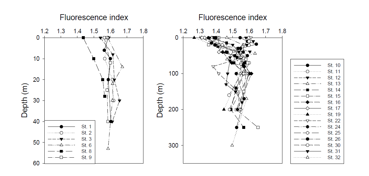 Depth profiles of FI in the Chukchi Sea and Bering Strait (ARA05)