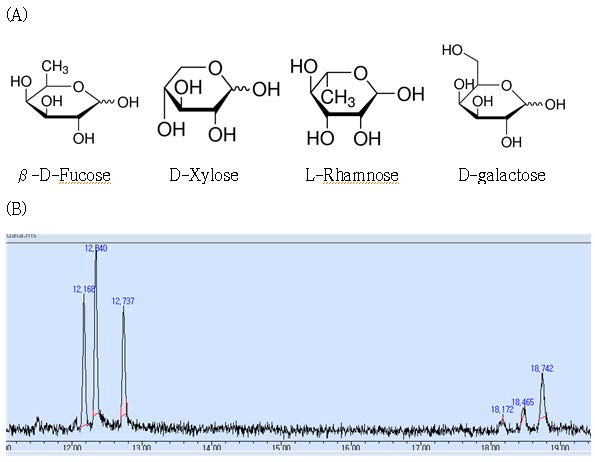 EPS_S의 주요 구성당의 화학 구조 (A) 및 EPS_S 성분당 분석의 용출 프로파일(B). 왼쪽부터 rhamnose, fucose, xylose, mannose, glucose, galactose
